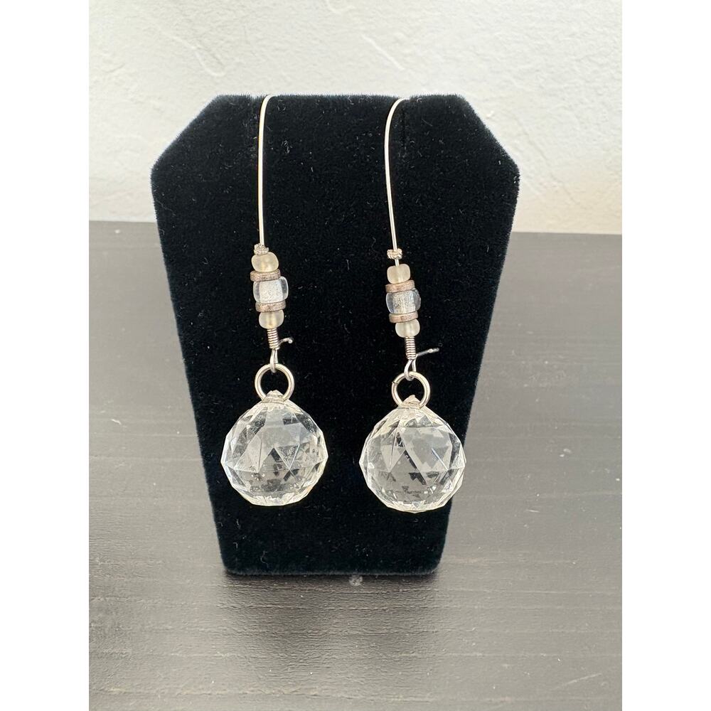 Clear textured round earrings beads Silver2.5 drop. Kidney Wires Fashion jewelry